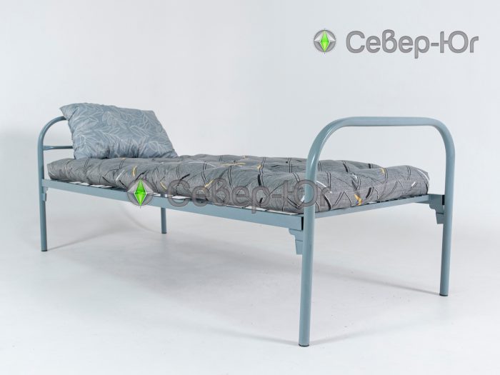 Одноярусная кровать СС1+ серая с матрасом и прямыми спинками из трубы 32 мм